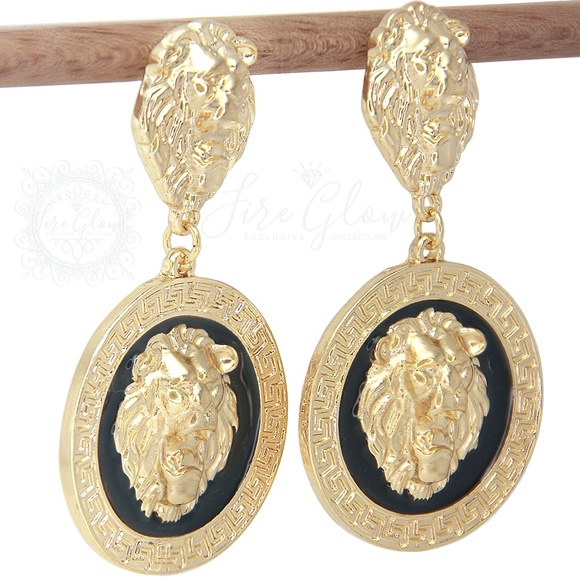 Black and Gold Tone Framed Lion Earrings - Picture 3 of 9